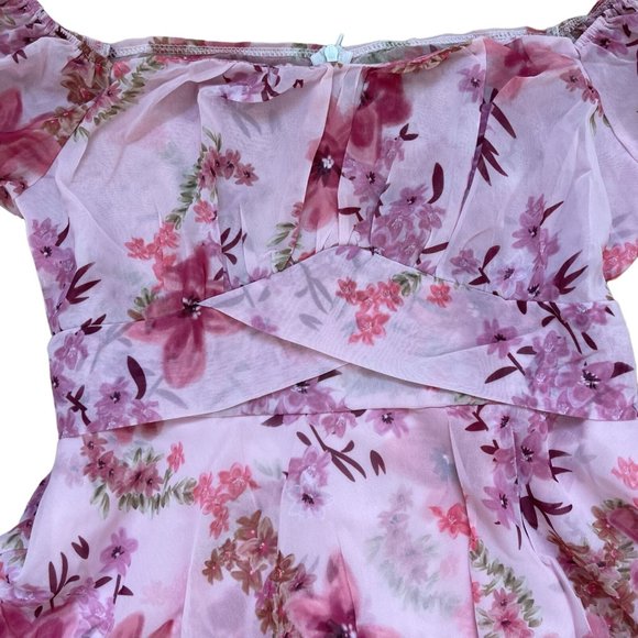 Womens Boho Romper Large L Pink-Floral Off The Shoulder Lined Ruffle Layered - Picture 8 of 13